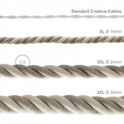 Electrische 2XL touwkabel, 3 x 0,75 mm. Binnenkabels bedekt met textiel, katoen en natuurlijk linnen. Diameter 24 mm.