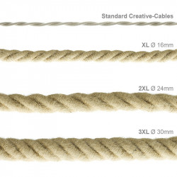 Electrische 2XL touwkabel, 3 x 0,75 mm. Binnenkabels bedekt met textiel en jute. Diameter 24 mm.