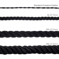 Electrische XL touwkabel, 3 x 0,75 mm. Binnenkabels bedekt met zwart textiel. Diameter 16 mm.