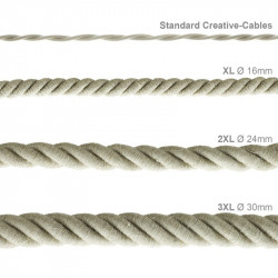 Electrische XL touwkabel, 3 x 0,75 mm. Binnenkabels bedekt met textiel en natuurlijk linnen. Diameter 16 mm.