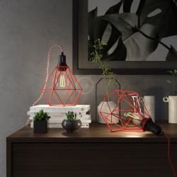 Tafel lamp, met rood metalen Diamond E27 kooilampkap met 2-polige stekker
